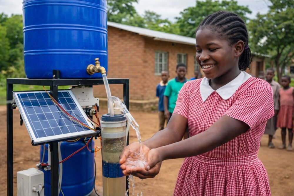 Teenage girl from Malawi demonstrating her solar-powered invention for clean water access