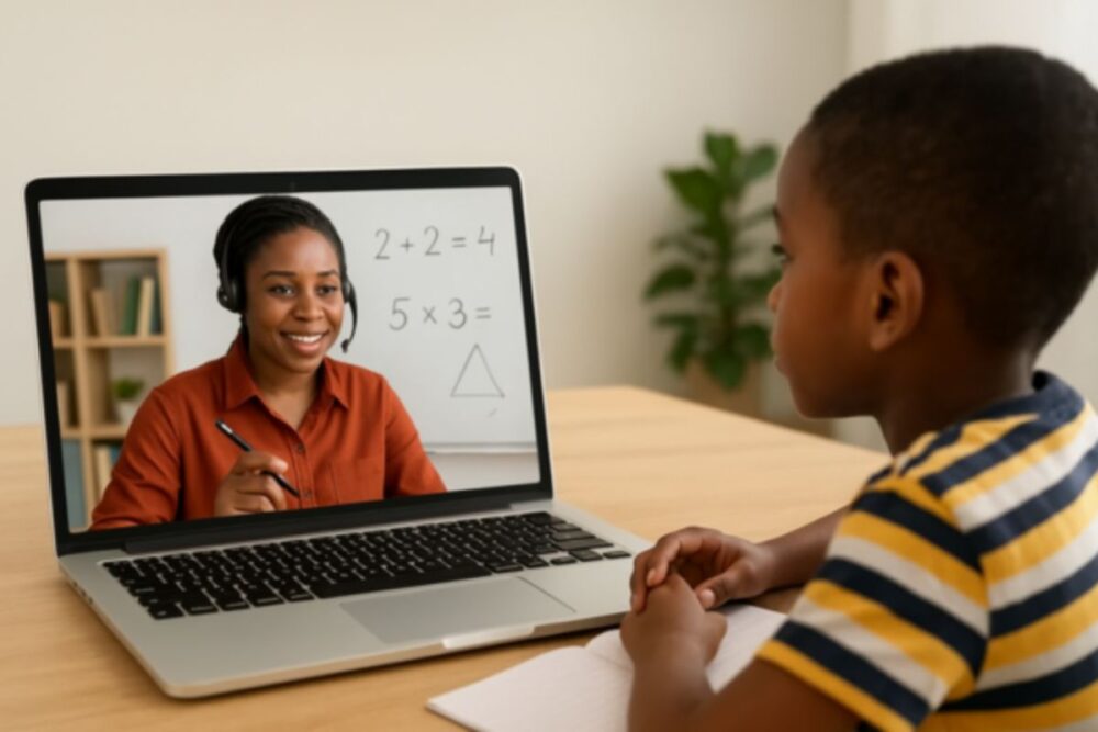Student receiving live online tutoring from a teacher on a laptop in Africa