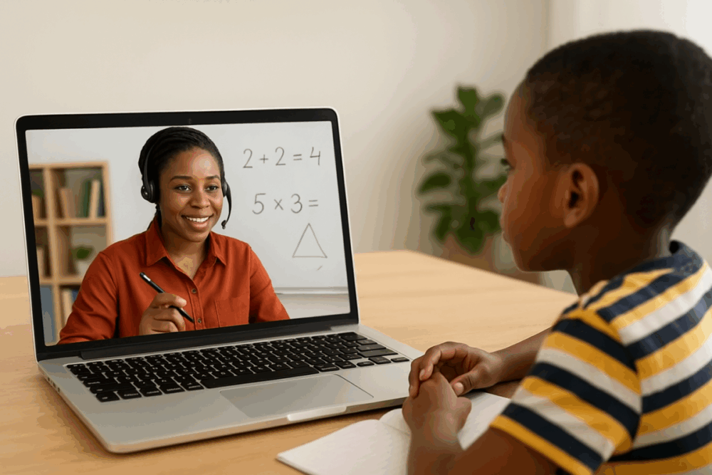 Student receiving live online tutoring from a teacher on a laptop in Africa