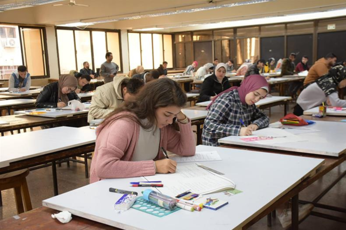 Students studying in a classroom at an Egyptian university