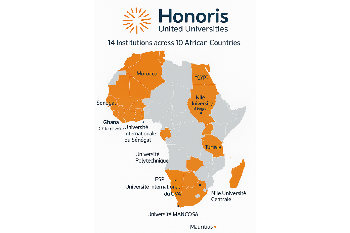 Map showing Honoris United Universities network in ten African countries
