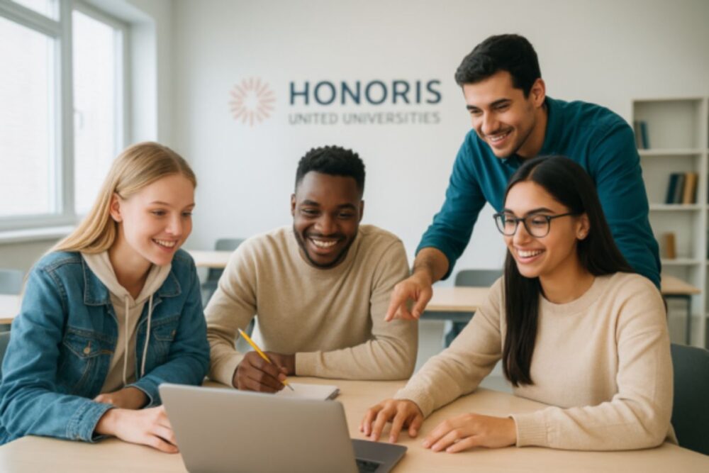 Group of learners working together in a Honoris classroom