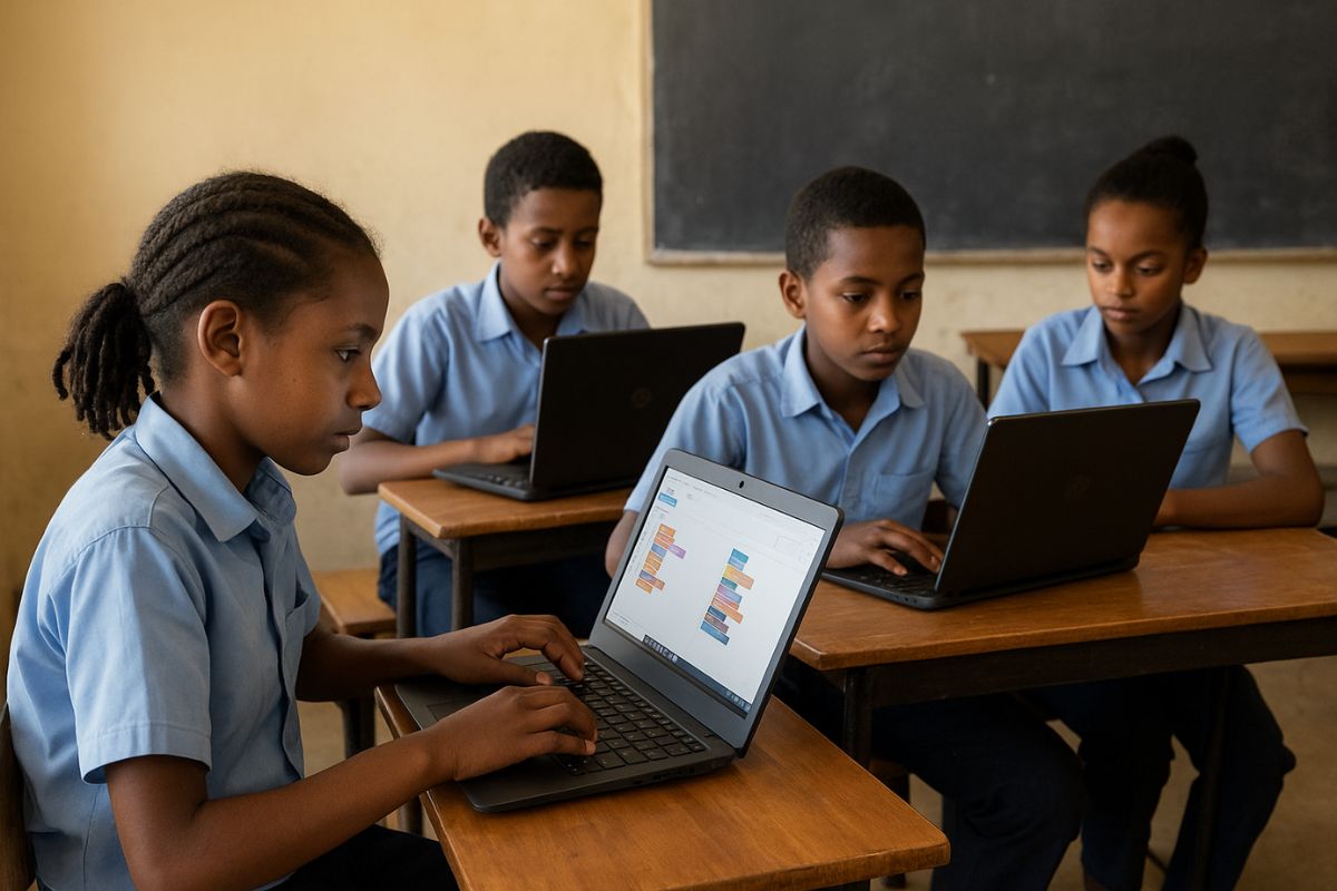 Ethiopian Grade 7 students learning coding in a classroom 