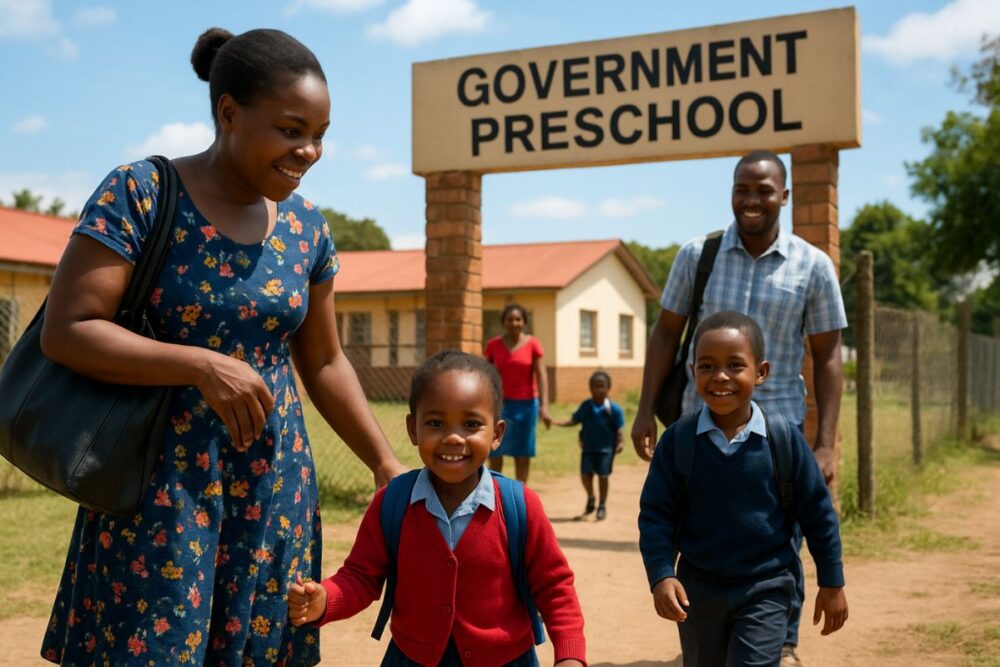 Parents and children arriving at a government preschool in Zimbabwe
