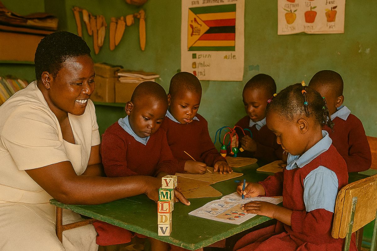Teacher guiding preschool students in Zimbabwe’s free early education programme