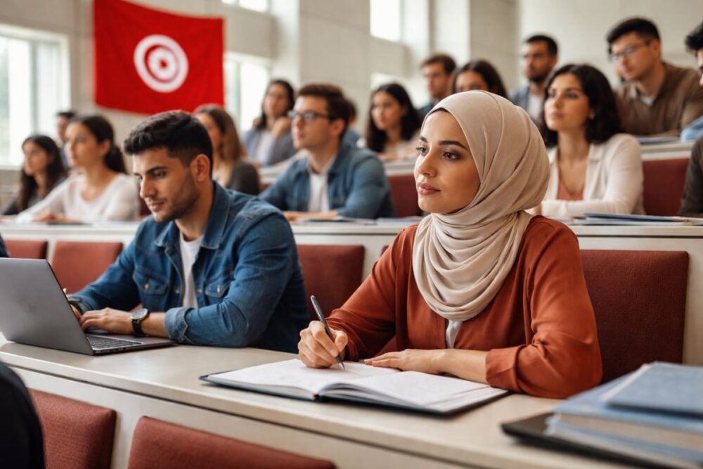 University students in Tunisia attending lectures in a modern higher education classroom