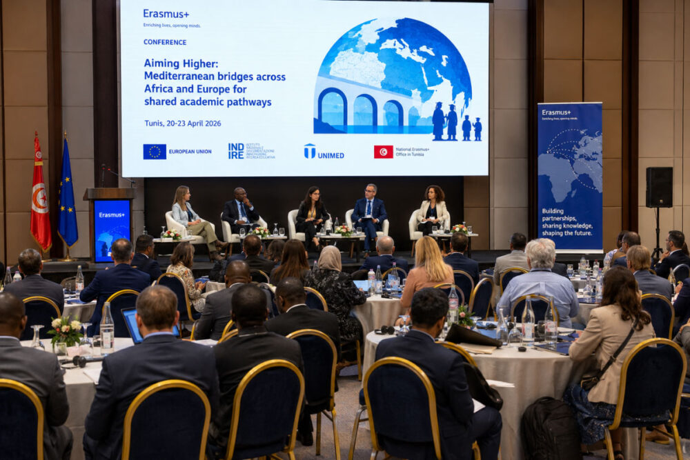 Delegates attending the Erasmus+ conference in Tunis discussing higher education cooperation between Africa and Europe