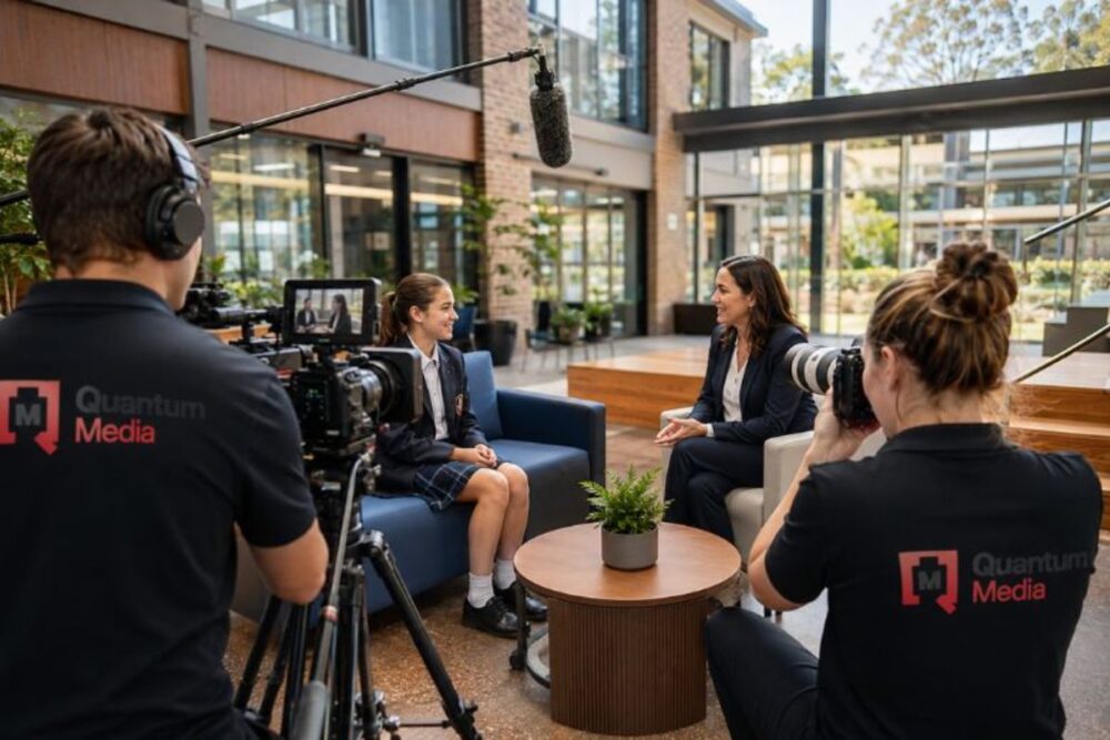 Documentary shoot in modern school atrium