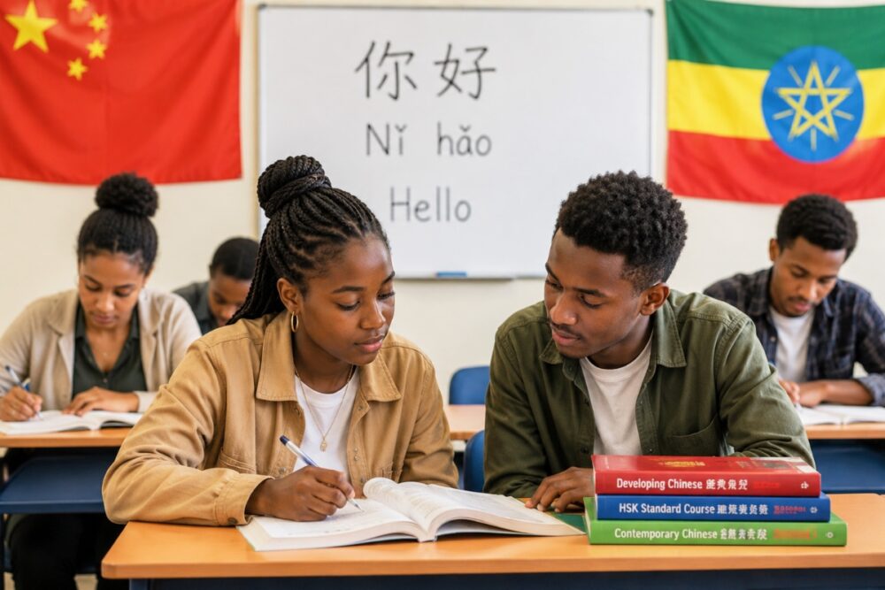University students in Ethiopia attending a Chinese language class