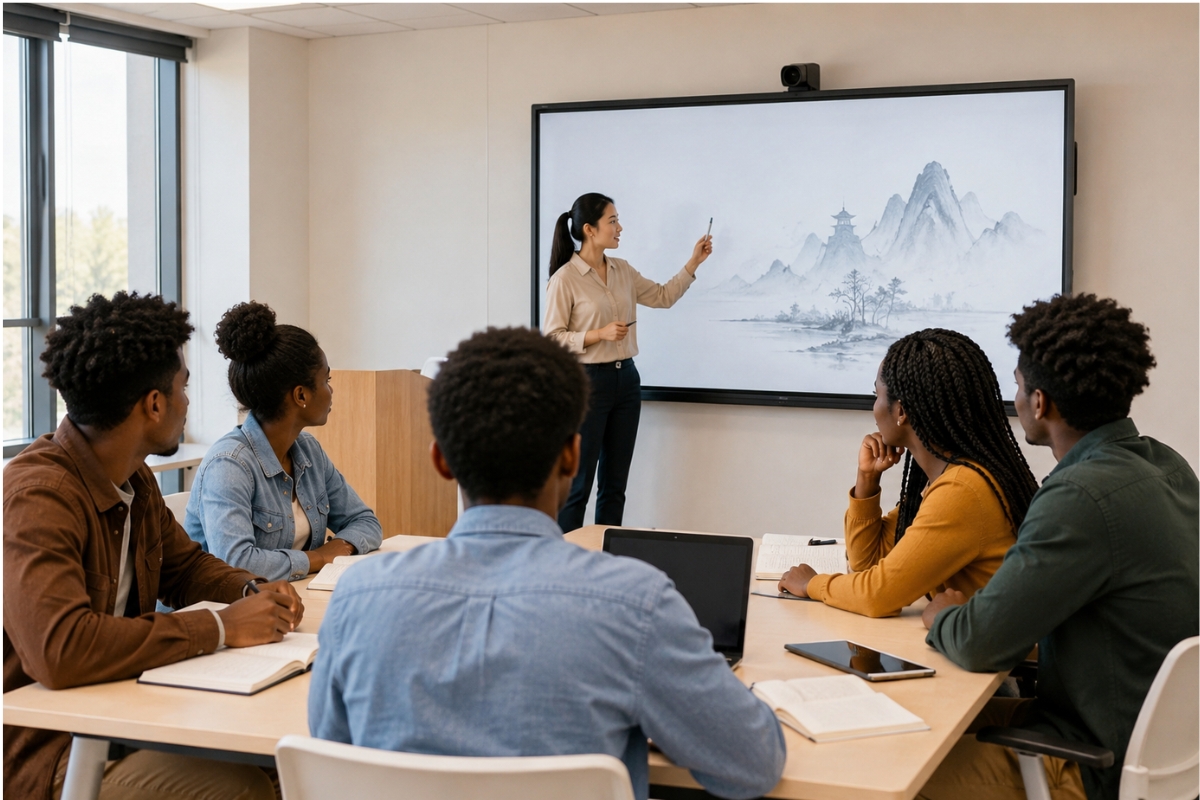 University students in Ethiopia attending a Chinese language class with an instructor