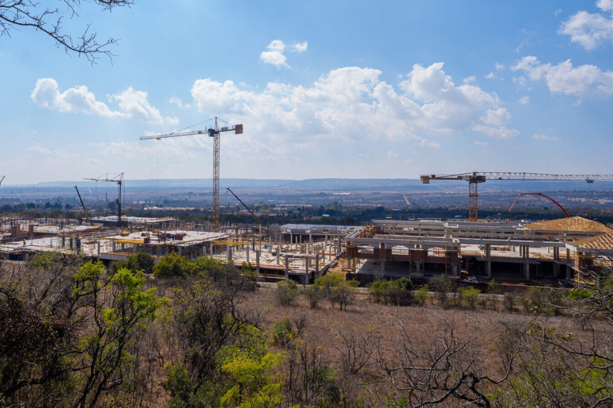 View of the main administration building, student centre, library, amphitheatre, and staff offices from The Rif lookout point on the campus