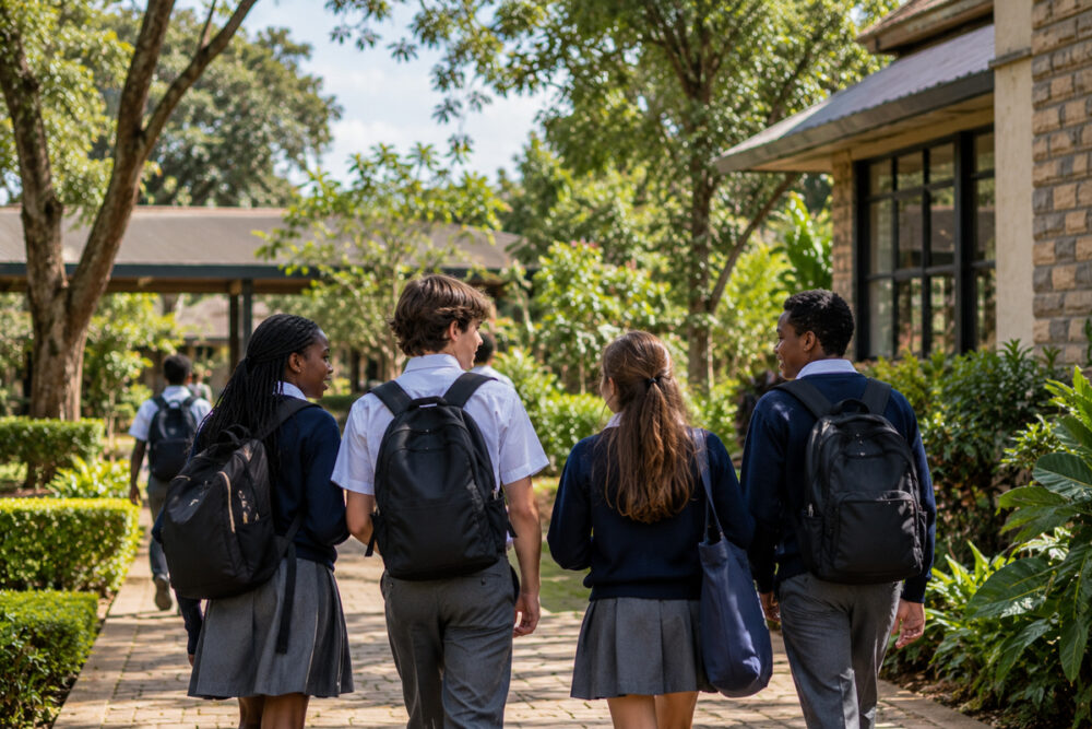 A group of students walking through a school campus in Karen, Nairobi, with a modern school building in the background