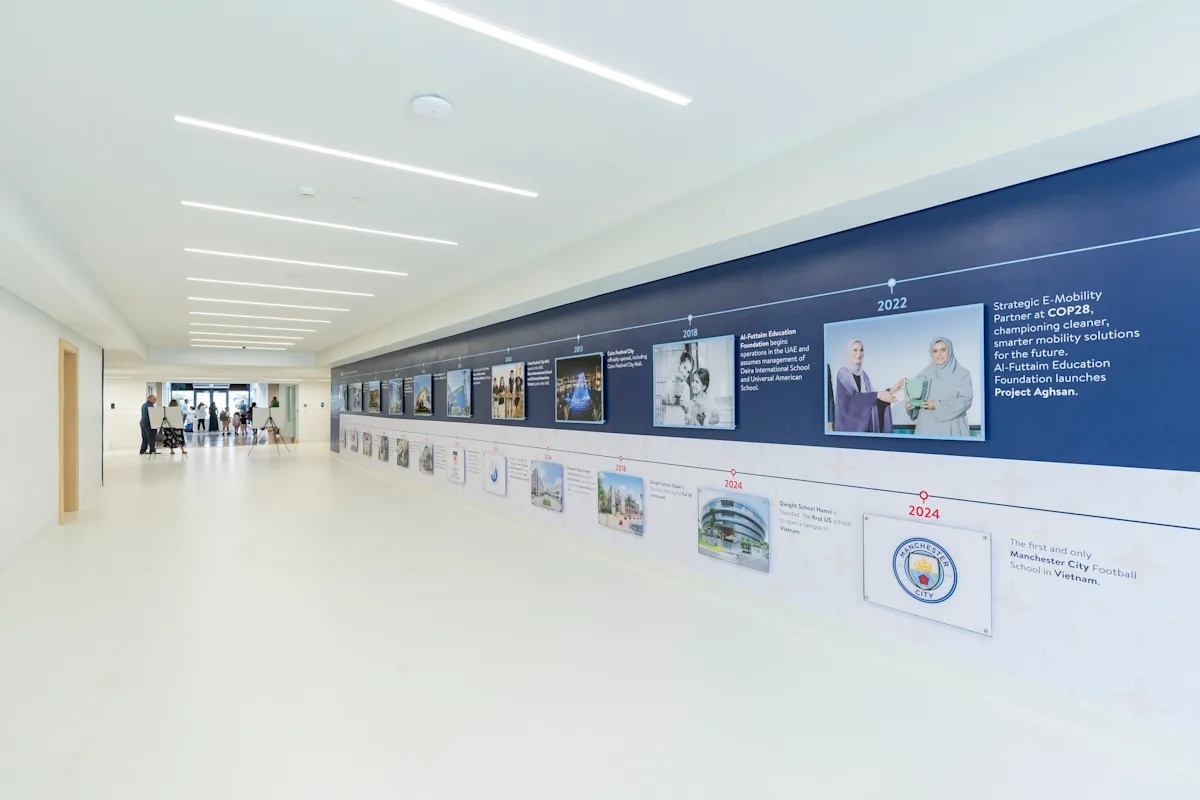 A timeline in the school corridor highlighting milestones in the history of Dwight Schools and Al-Futtaim Education Foundation. Image via Dwight.edu