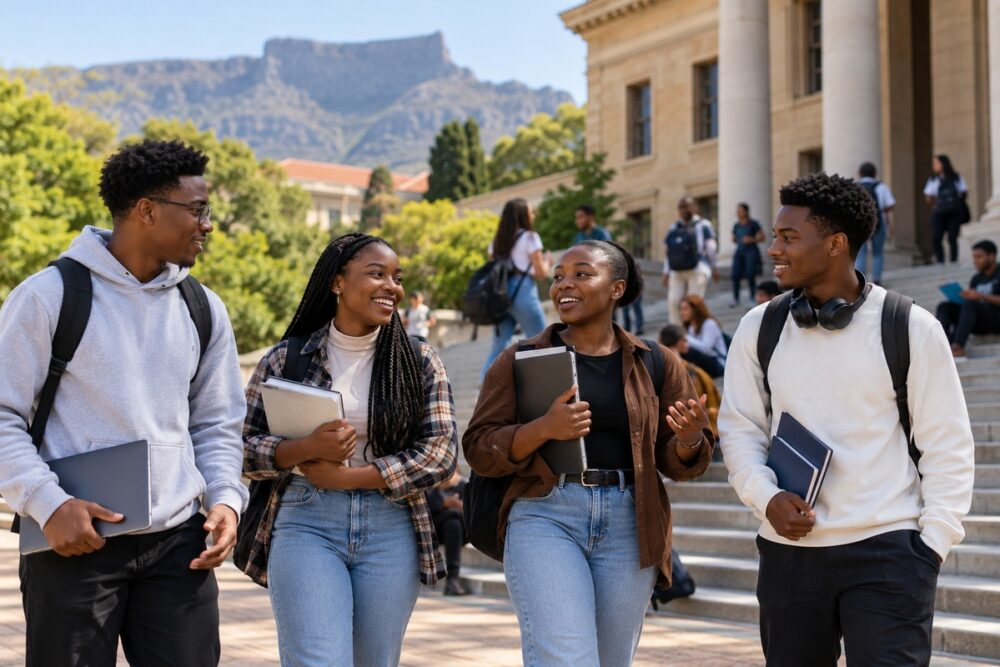 South African university students discussing their studies on campus, illustrating changing higher education enrolment patterns and student access.